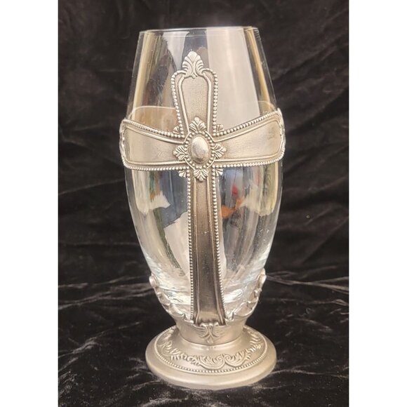 Vintage FTD Pewter and Glass Cross Urn Chalice Decorative Vase - Picture 6 of 16